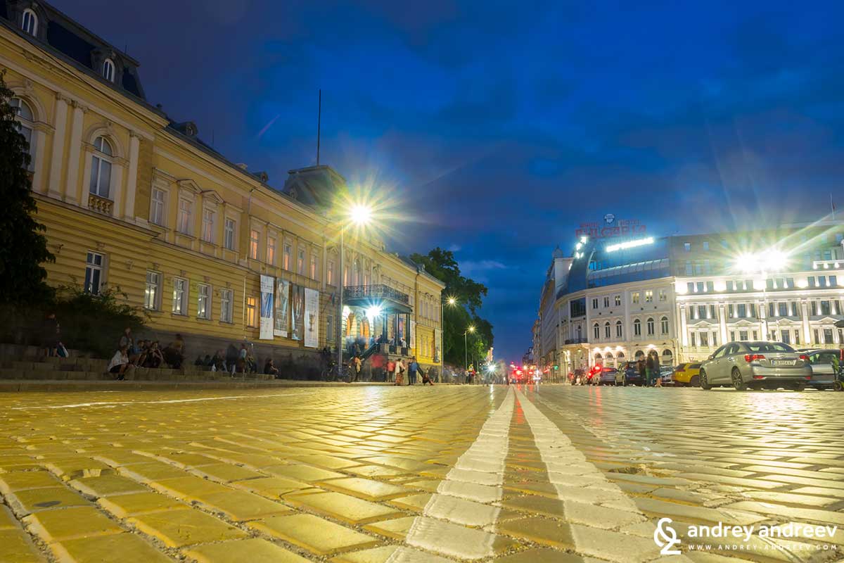 Yellow pavement in front of the Royal palace in Sofia, Bulgaria