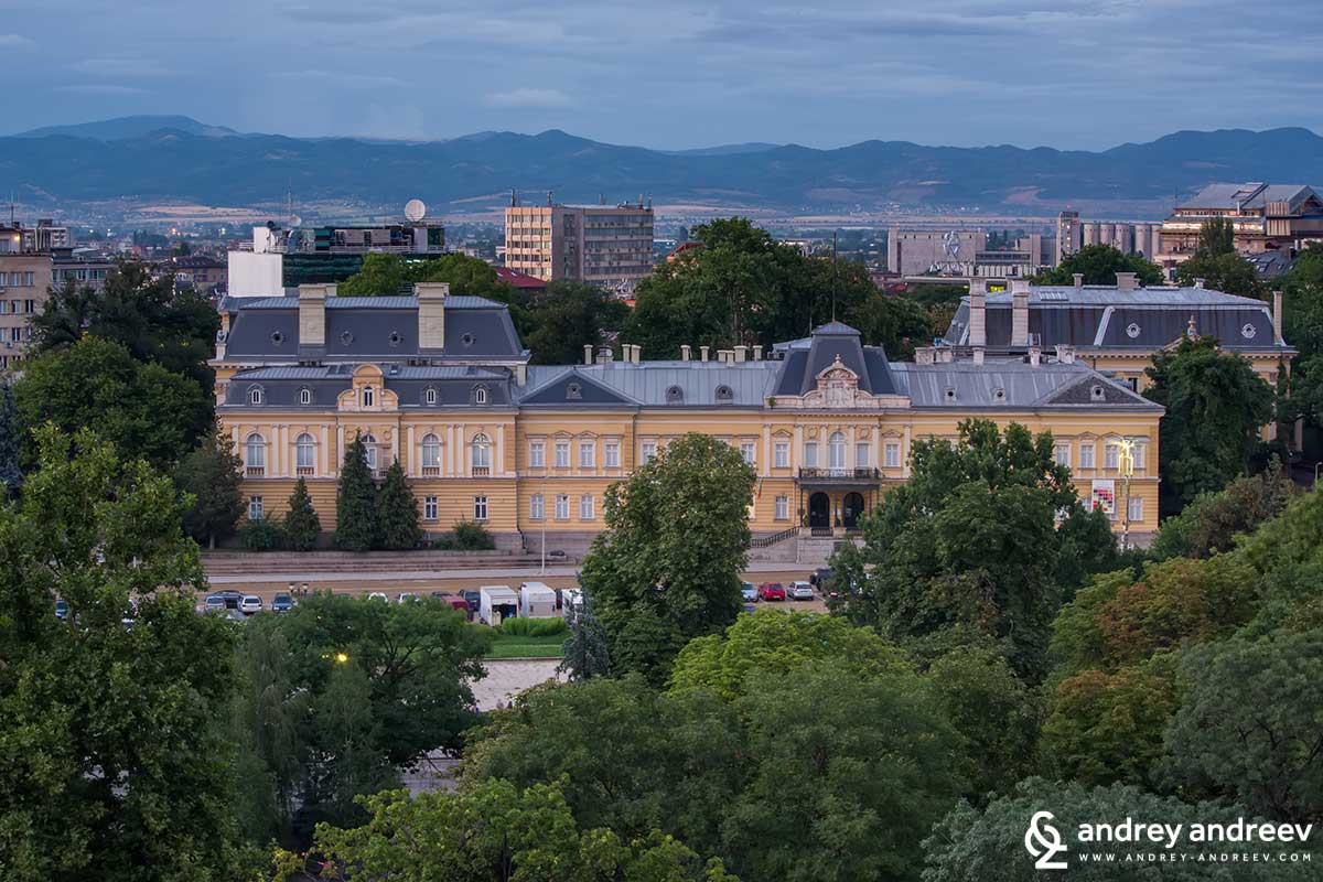 The yellow building of the Royal palace seen from Grand Hotel Sofia